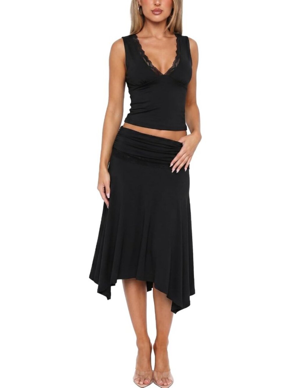 Chic Women's 2-Piece Skirt Set - V-Neck Lace Trim Tank & Ruched Midi Skirt